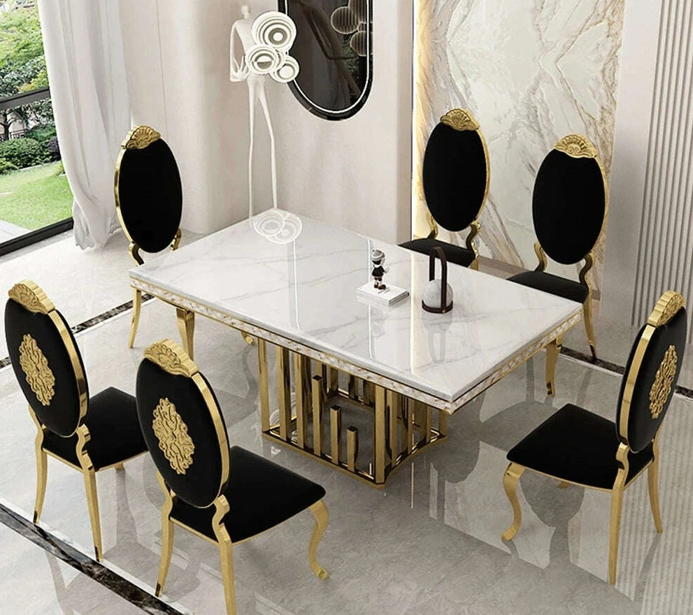 Luxury Dining Room Set: 8 MANBAS Stainless Steel Genuine Leather Chairs, and Rectangle Table Made In Marble and Sea Shell - KIMLUD