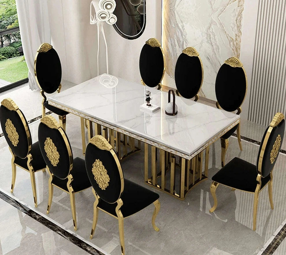 Luxury Dining Room Set: 8 MANBAS Stainless Steel Genuine Leather Chairs, and Rectangle Table Made In Marble and Sea Shell - KIMLUD