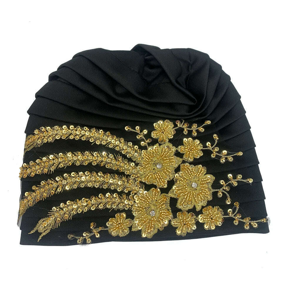 KIMLUD, Luxury Embroidery Beading Pleated Turban Cap for Women African Female Wrap Head Bonnet Muslim Turban Hat  Lady Head Wraps, black, KIMLUD Women's Clothes
