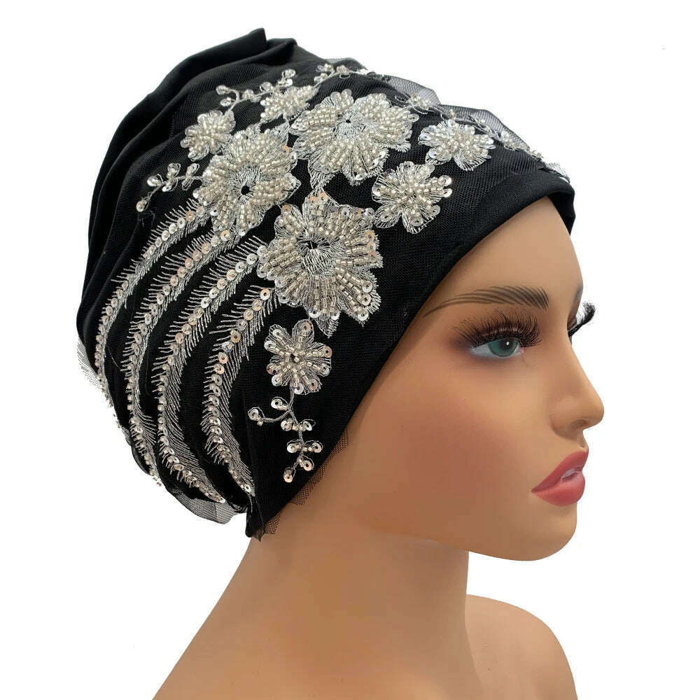 KIMLUD, Luxury Embroidery Beading Pleated Turban Cap for Women African Female Wrap Head Bonnet Muslim Turban Hat  Lady Head Wraps, KIMLUD Women's Clothes