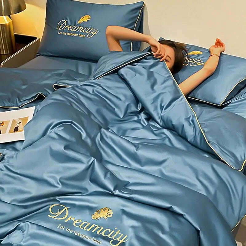 Luxury Embroidery Summer Simple Cool Ice Silk Quilt Breathable Queen Quilts Cooling Comforter Bedding Sets Ice Rayon Blanket - KIMLUD