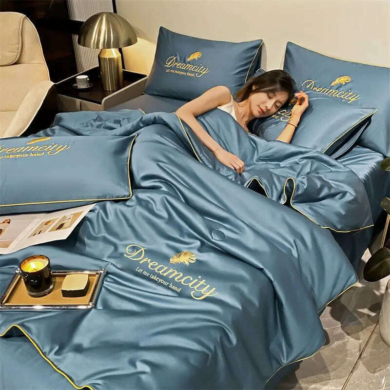 Luxury Embroidery Summer Simple Cool Ice Silk Quilt Breathable Queen Quilts Cooling Comforter Bedding Sets Ice Rayon Blanket - KIMLUD