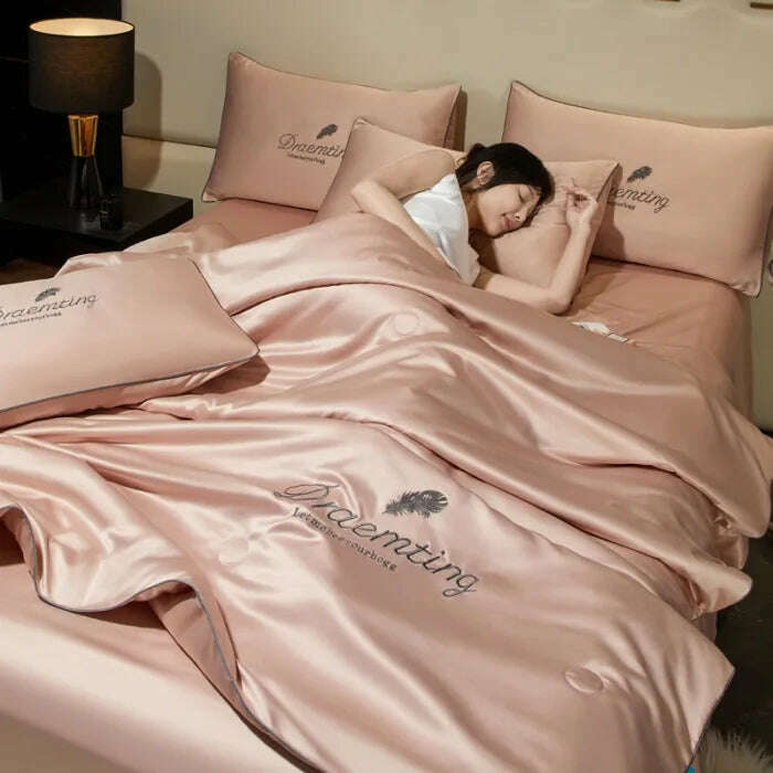 Luxury Embroidery Summer Simple Cool Ice Silk Quilt Breathable Queen Quilts Cooling Comforter Bedding Sets Ice Rayon Blanket - KIMLUD
