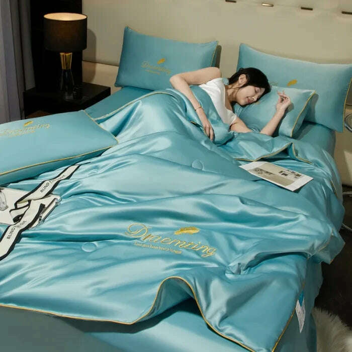 Luxury Embroidery Summer Simple Cool Ice Silk Quilt Breathable Queen Quilts Cooling Comforter Bedding Sets Ice Rayon Blanket - KIMLUD