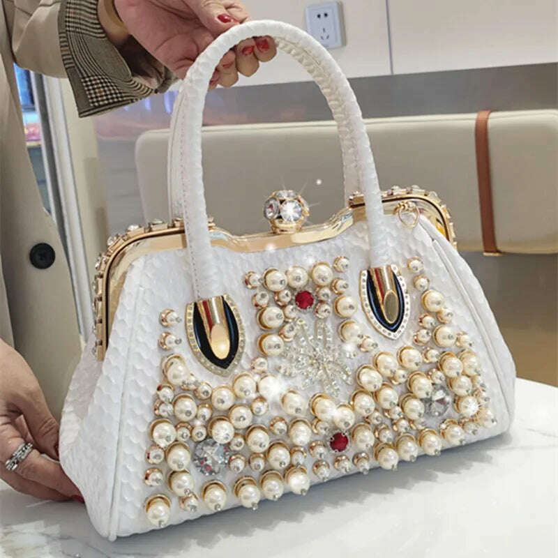 KIMLUD, Luxury Fashion Brand Pearl Women&#39;s Handbag 2023 New Leather Diamond Shoudler Crossbody Evening Bag Portable Rhinestone Lock Bags, KIMLUD Womens Clothes