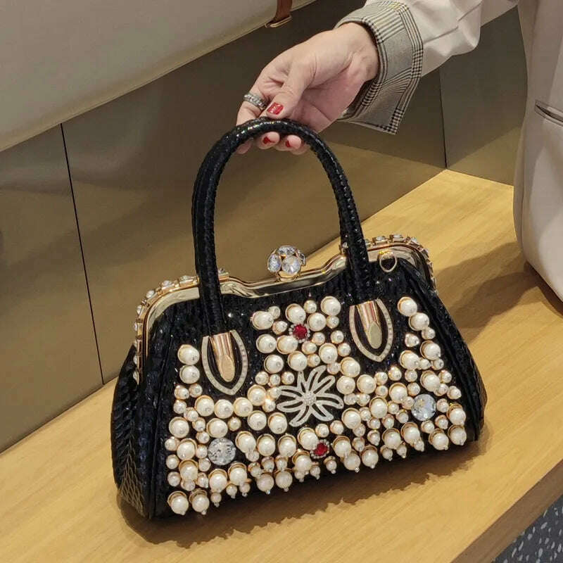 KIMLUD, Luxury Fashion Brand Pearl Women&#39;s Handbag 2023 New Leather Diamond Shoudler Crossbody Evening Bag Portable Rhinestone Lock Bags, Black, KIMLUD Womens Clothes