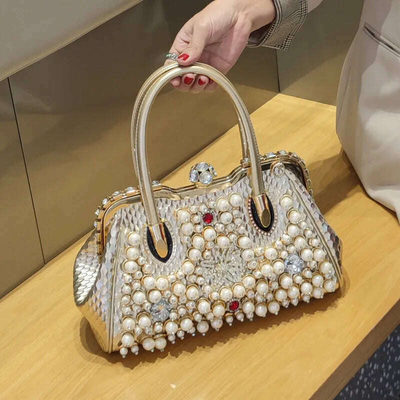 KIMLUD, Luxury Fashion Brand Pearl Women&#39;s Handbag 2023 New Leather Diamond Shoudler Crossbody Evening Bag Portable Rhinestone Lock Bags, Gold, KIMLUD Womens Clothes