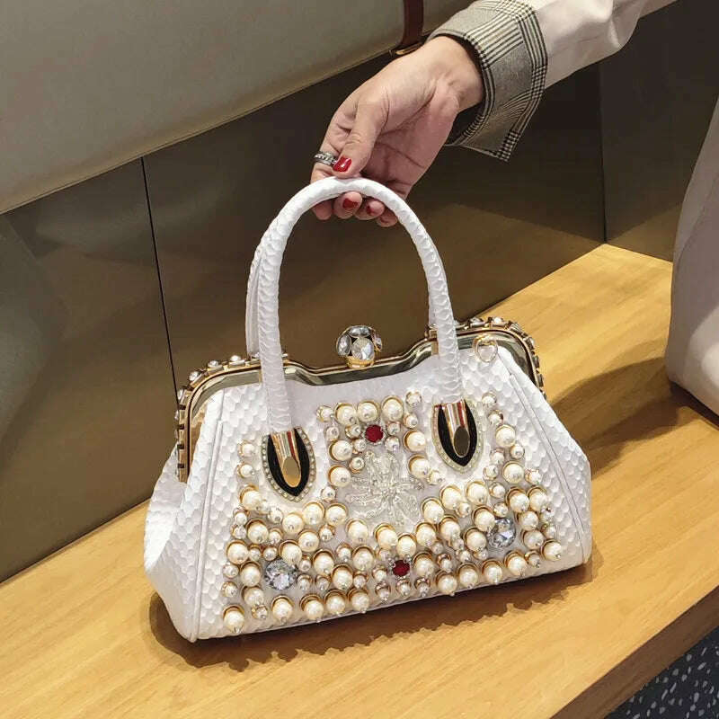 KIMLUD, Luxury Fashion Brand Pearl Women&#39;s Handbag 2023 New Leather Diamond Shoudler Crossbody Evening Bag Portable Rhinestone Lock Bags, White, KIMLUD Womens Clothes