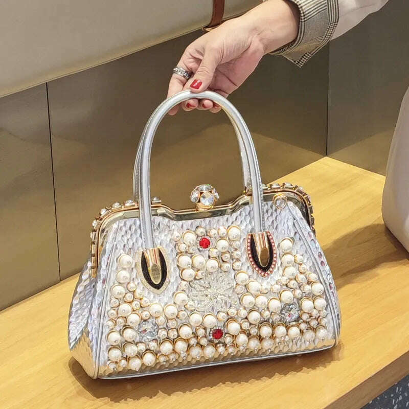 KIMLUD, Luxury Fashion Brand Pearl Women&#39;s Handbag 2023 New Leather Diamond Shoudler Crossbody Evening Bag Portable Rhinestone Lock Bags, Silver, KIMLUD Womens Clothes