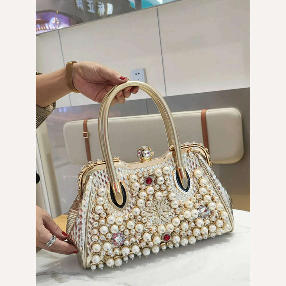 KIMLUD, Luxury Fashion Brand Pearl Women&#39;s Handbag 2023 New Leather Diamond Shoudler Crossbody Evening Bag Portable Rhinestone Lock Bags, KIMLUD Womens Clothes