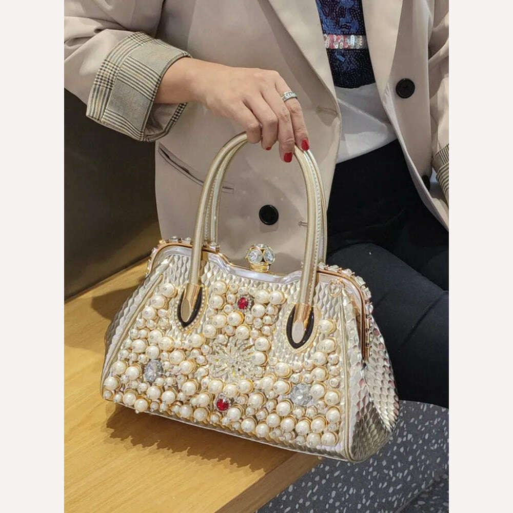 KIMLUD, Luxury Fashion Brand Pearl Women&#39;s Handbag 2023 New Leather Diamond Shoudler Crossbody Evening Bag Portable Rhinestone Lock Bags, KIMLUD Womens Clothes