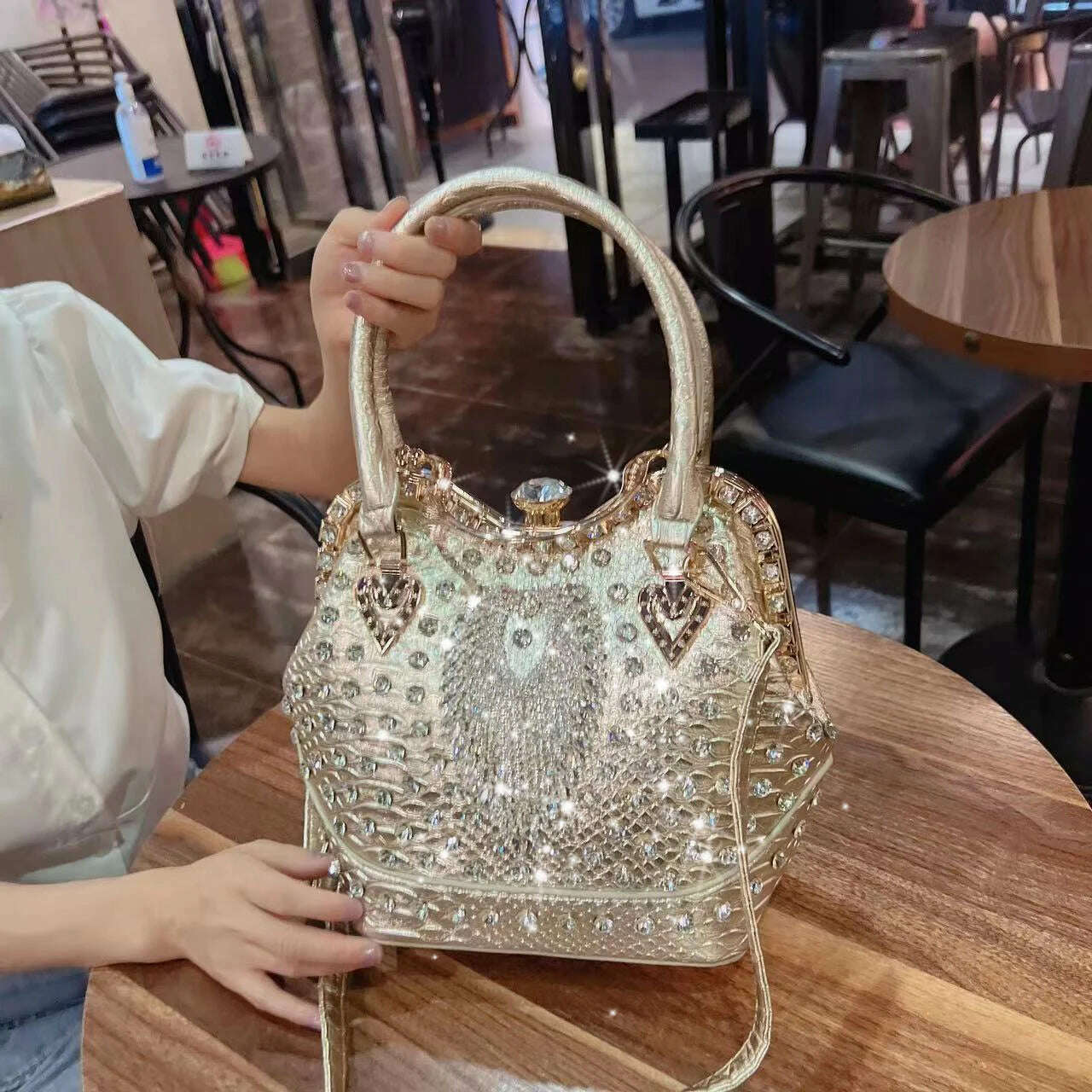 KIMLUD, Luxury Fashion Diamonds Leather Women's Bag Small Crossbody Bucket Bag 2023 New Ladies Handbag Niche Party Evening Shoulder Bags, Gold, KIMLUD Womens Clothes