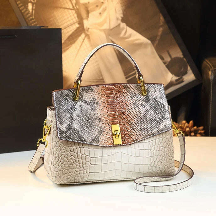 KIMLUD, Luxury Fashion Genuine Leather Women Handbags Quality Cowhide Shoudler Messenger Bag 2024 New Snake Print Portable Shell Bags, WHITE, KIMLUD Women's Clothes