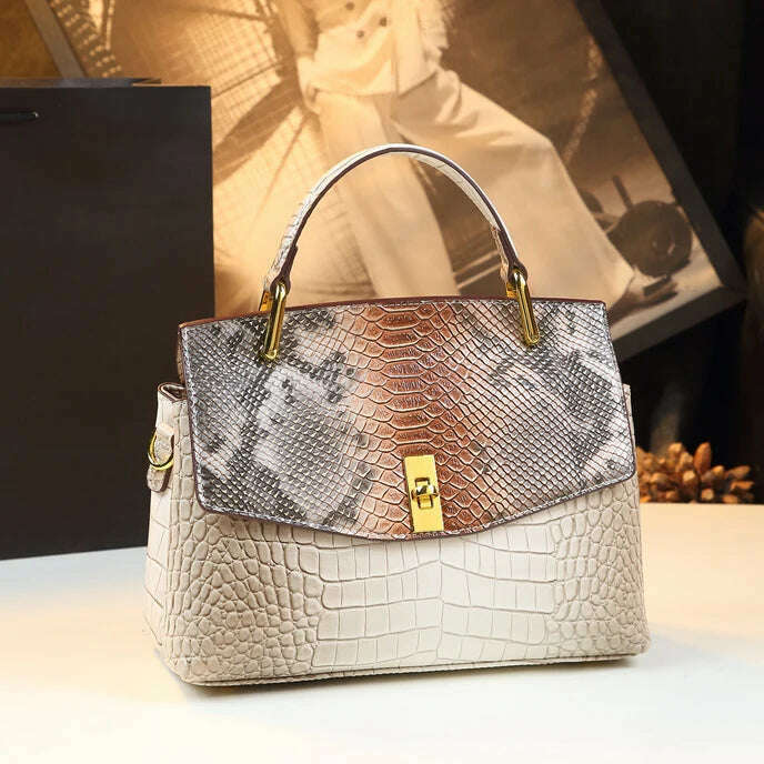 KIMLUD, Luxury Fashion Genuine Leather Women Handbags Quality Cowhide Shoudler Messenger Bag 2024 New Snake Print Portable Shell Bags, KIMLUD Womens Clothes