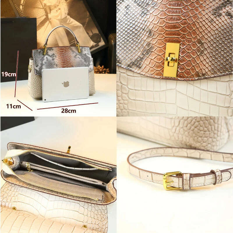 KIMLUD, Luxury Fashion Genuine Leather Women Handbags Quality Cowhide Shoudler Messenger Bag 2024 New Snake Print Portable Shell Bags, KIMLUD Women's Clothes