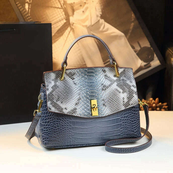 KIMLUD, Luxury Fashion Genuine Leather Women Handbags Quality Cowhide Shoudler Messenger Bag 2024 New Snake Print Portable Shell Bags, Blue, KIMLUD Women's Clothes