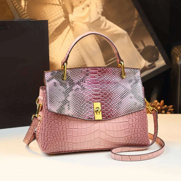 KIMLUD, Luxury Fashion Genuine Leather Women Handbags Quality Cowhide Shoudler Messenger Bag 2024 New Snake Print Portable Shell Bags, Pink, KIMLUD Women's Clothes