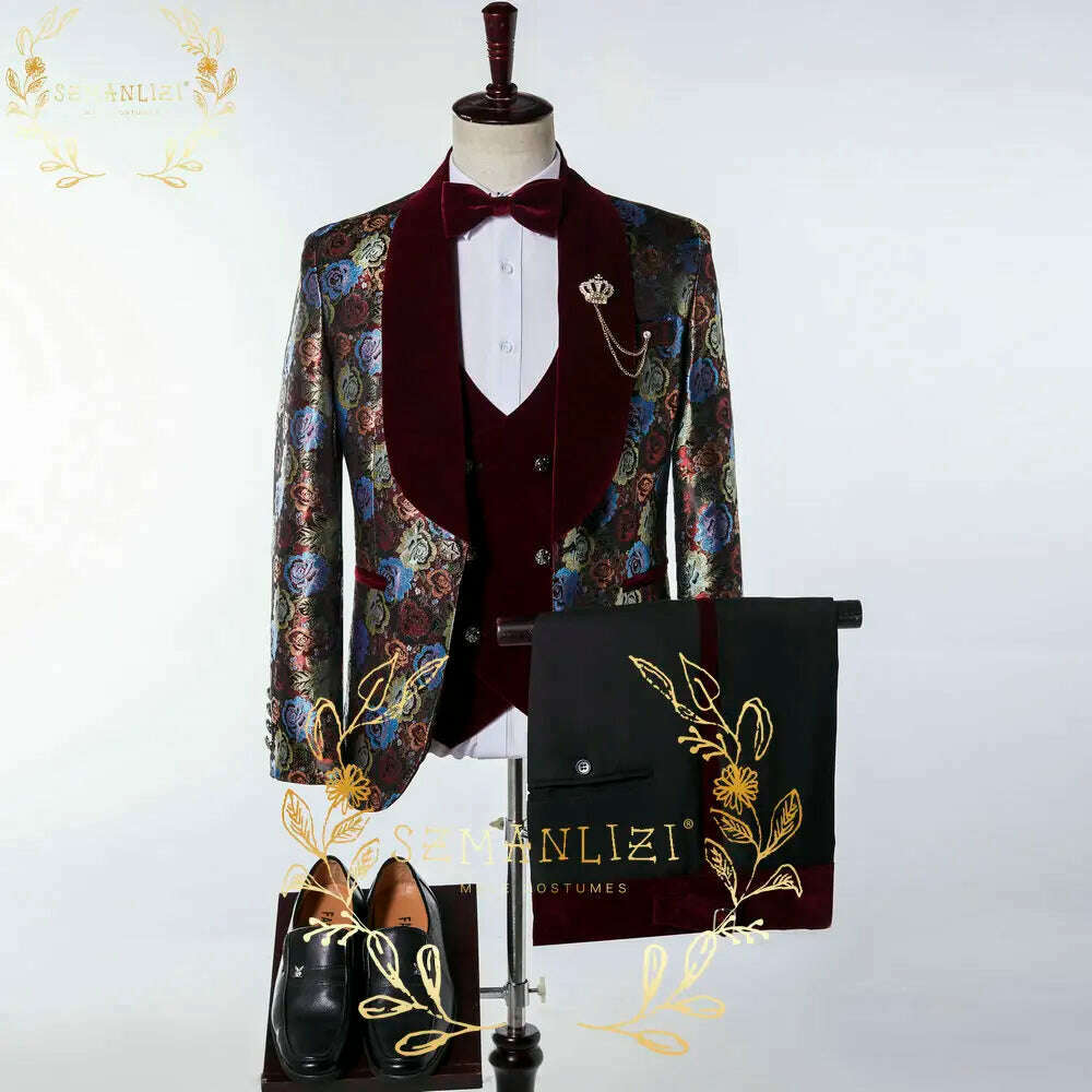 KIMLUD, Luxury Floral Wedding Tuxedo For Groom Slim Fit Men Suits Brown Velvet Peak Lapel Costume Homme 3 Pieces Blazer Vest Pants Sets, as picture 6 / XS(EU44 Or US34), KIMLUD Women's Clothes