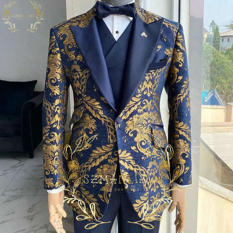 KIMLUD, Luxury Floral Wedding Tuxedo For Groom Slim Fit Men Suits Brown Velvet Peak Lapel Costume Homme 3 Pieces Blazer Vest Pants Sets, as picture / XS(EU44 Or US34), KIMLUD Womens Clothes