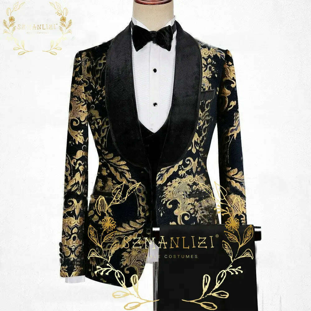 KIMLUD, Luxury Floral Wedding Tuxedo For Groom Slim Fit Men Suits Brown Velvet Peak Lapel Costume Homme 3 Pieces Blazer Vest Pants Sets, as picture 1 / XS(EU44 Or US34), KIMLUD Women's Clothes