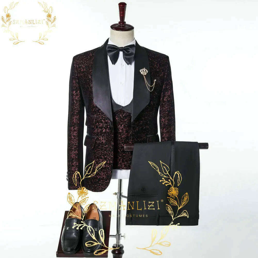 KIMLUD, Luxury Floral Wedding Tuxedo For Groom Slim Fit Men Suits Brown Velvet Peak Lapel Costume Homme 3 Pieces Blazer Vest Pants Sets, as picture 4 / XS(EU44 Or US34), KIMLUD APPAREL - Womens Clothes
