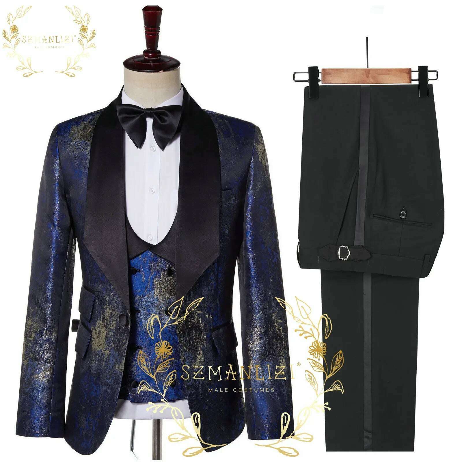 KIMLUD, Luxury Floral Wedding Tuxedo For Groom Slim Fit Men Suits Brown Velvet Peak Lapel Costume Homme 3 Pieces Blazer Vest Pants Sets, as picture 2 / XS(EU44 Or US34), KIMLUD Womens Clothes