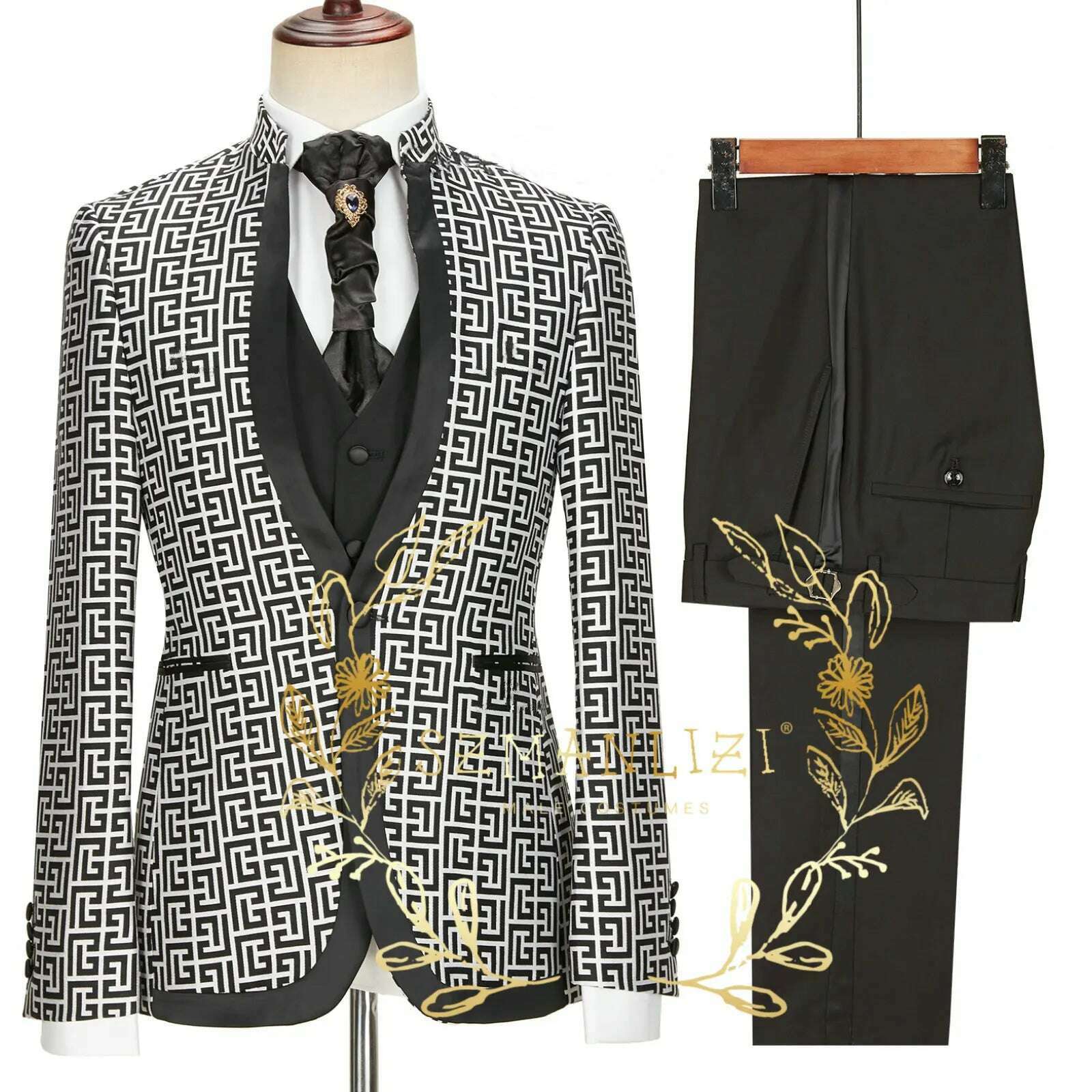 KIMLUD, Luxury Floral Wedding Tuxedo For Groom Slim Fit Men Suits Brown Velvet Peak Lapel Costume Homme 3 Pieces Blazer Vest Pants Sets, KIMLUD Women's Clothes