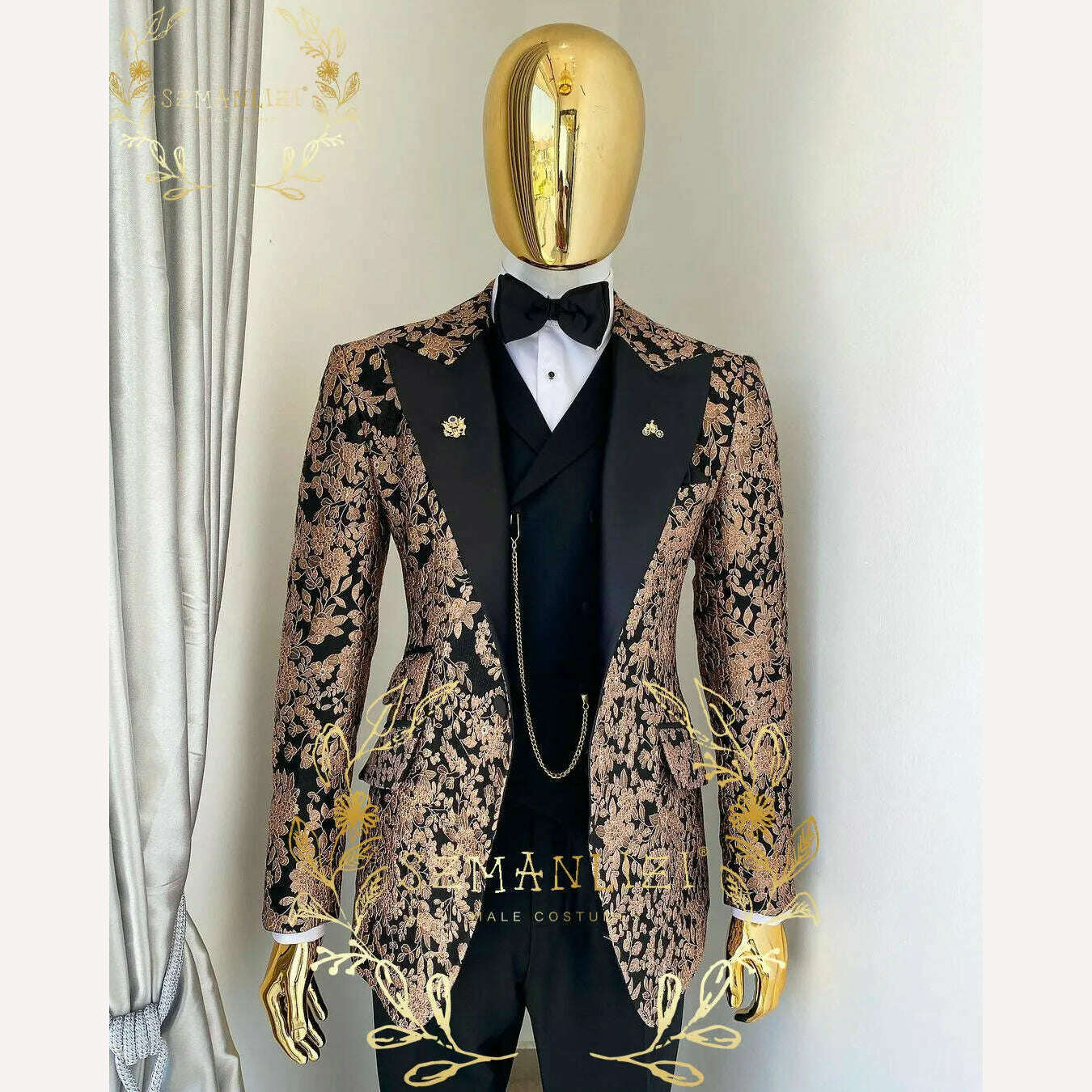 KIMLUD, Luxury Floral Wedding Tuxedo For Groom Slim Fit Men Suits Brown Velvet Peak Lapel Costume Homme 3 Pieces Blazer Vest Pants Sets, KIMLUD Womens Clothes