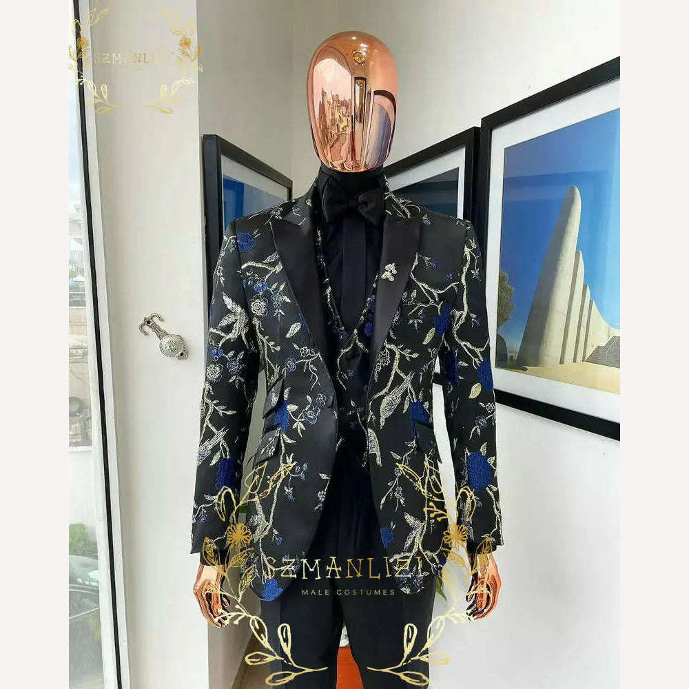 KIMLUD, Luxury Floral Wedding Tuxedo For Groom Slim Fit Men Suits Brown Velvet Peak Lapel Costume Homme 3 Pieces Blazer Vest Pants Sets, KIMLUD Women's Clothes