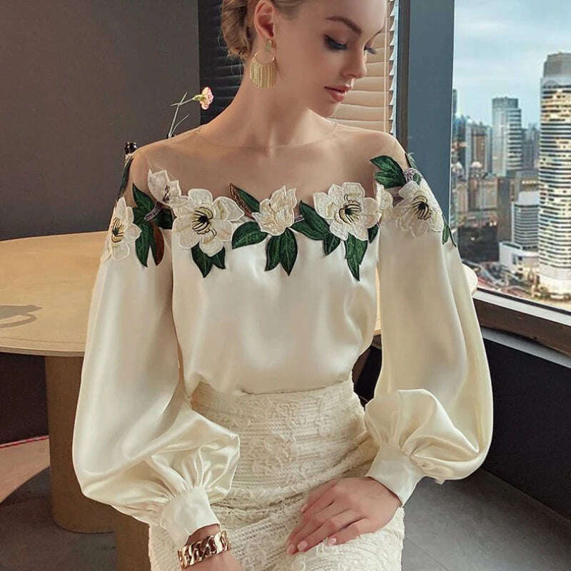 Luxury Flowers Embroidery Mesh Stitching Satin Shirt Sweet Long Sleeved Faux Silk Blouses Loose OL Gauze Glossy Crop Tops Blusas, KIMLUD Women's Clothes
