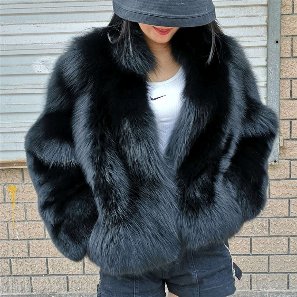 KIMLUD, Luxury Fox Fur Jacket Women Plus Size Full Sleeves With Fur Collar Thick Black Plush Silver Fox Fur Coat For Girls, black / S, KIMLUD Women's Clothes