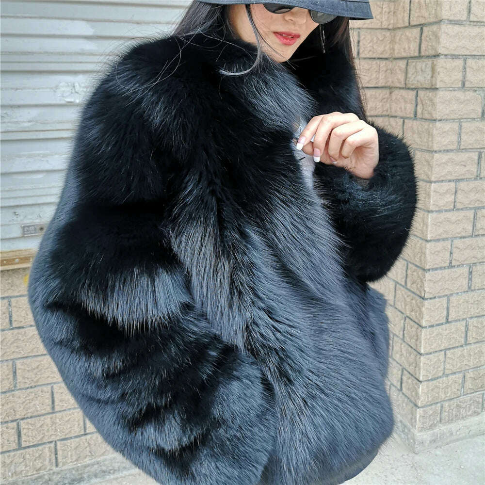 KIMLUD, Luxury Fox Fur Jacket Women Plus Size Full Sleeves With Fur Collar Thick Black Plush Silver Fox Fur Coat For Girls, KIMLUD Women's Clothes