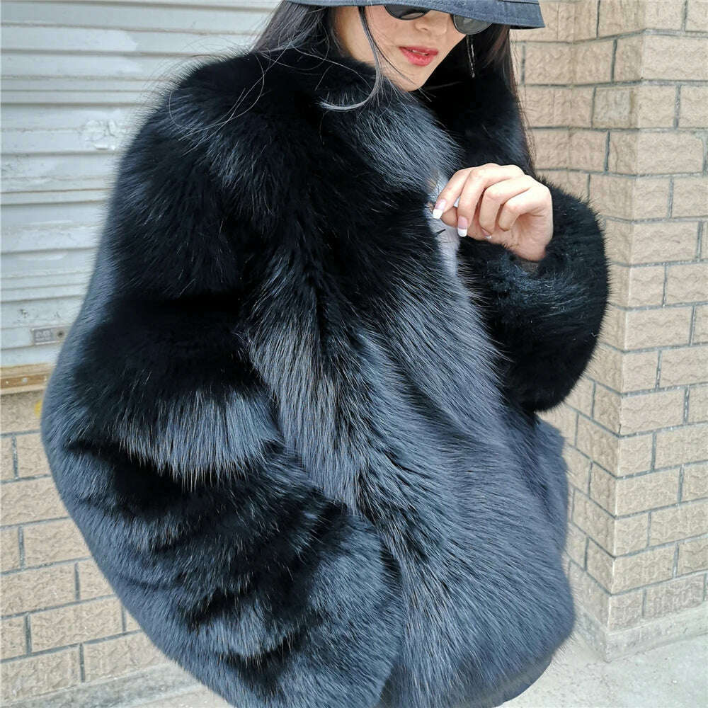 KIMLUD, Luxury Fox Fur Jacket Women Plus Size Full Sleeves With Fur Collar Thick Black Plush Silver Fox Fur Coat For Girls, KIMLUD Womens Clothes