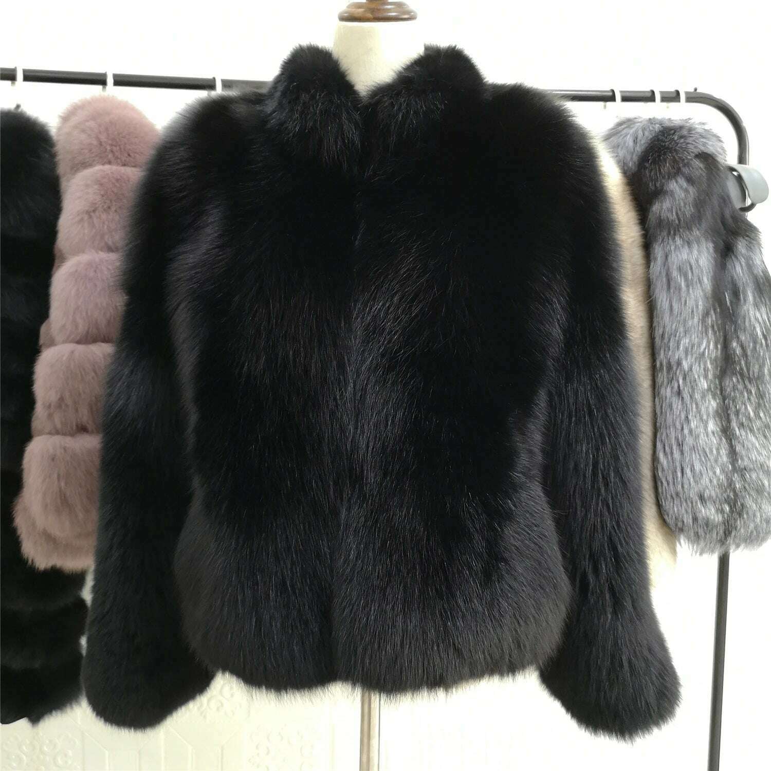 KIMLUD, Luxury Fox Fur Jacket Women Plus Size Full Sleeves With Fur Collar Thick Black Plush Silver Fox Fur Coat For Girls, KIMLUD Womens Clothes