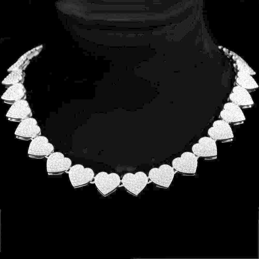 KIMLUD, Luxury Full Crystal Heart Link Chain Necklace For Women Bling Iced Out Paved Rhinestones Cuban Choker Necklace Fashion Jewelry, Silver Necklace / 8.4 inch(21.3cm), KIMLUD APPAREL - Womens Clothes