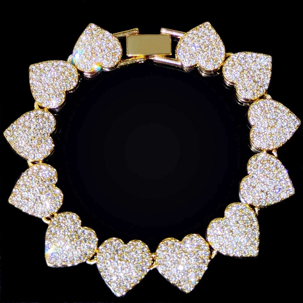 KIMLUD, Luxury Full Crystal Heart Link Chain Necklace For Women Bling Iced Out Paved Rhinestones Cuban Choker Necklace Fashion Jewelry, Gold Bracelet / 8.4 inch(21.3cm), KIMLUD APPAREL - Womens Clothes