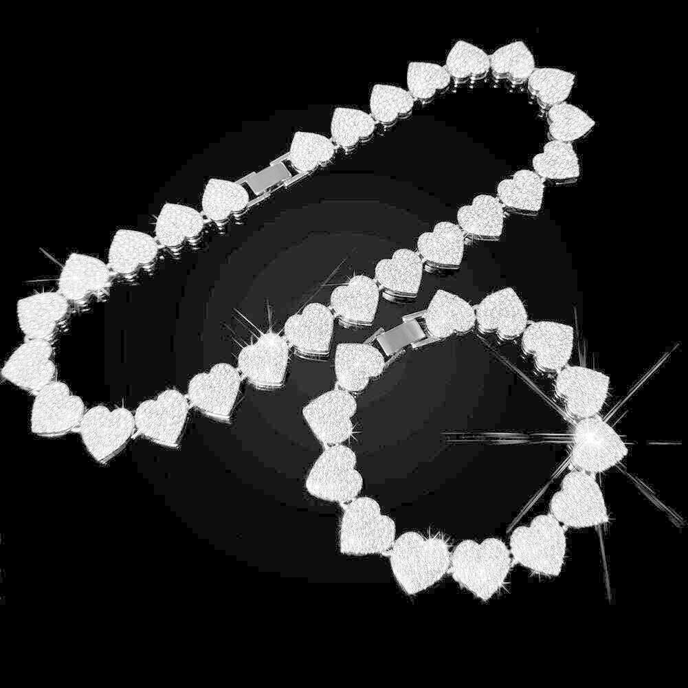 KIMLUD, Luxury Full Crystal Heart Link Chain Necklace For Women Bling Iced Out Paved Rhinestones Cuban Choker Necklace Fashion Jewelry, Silver 2 Piece Set / 8.4 inch(21.3cm), KIMLUD APPAREL - Womens Clothes