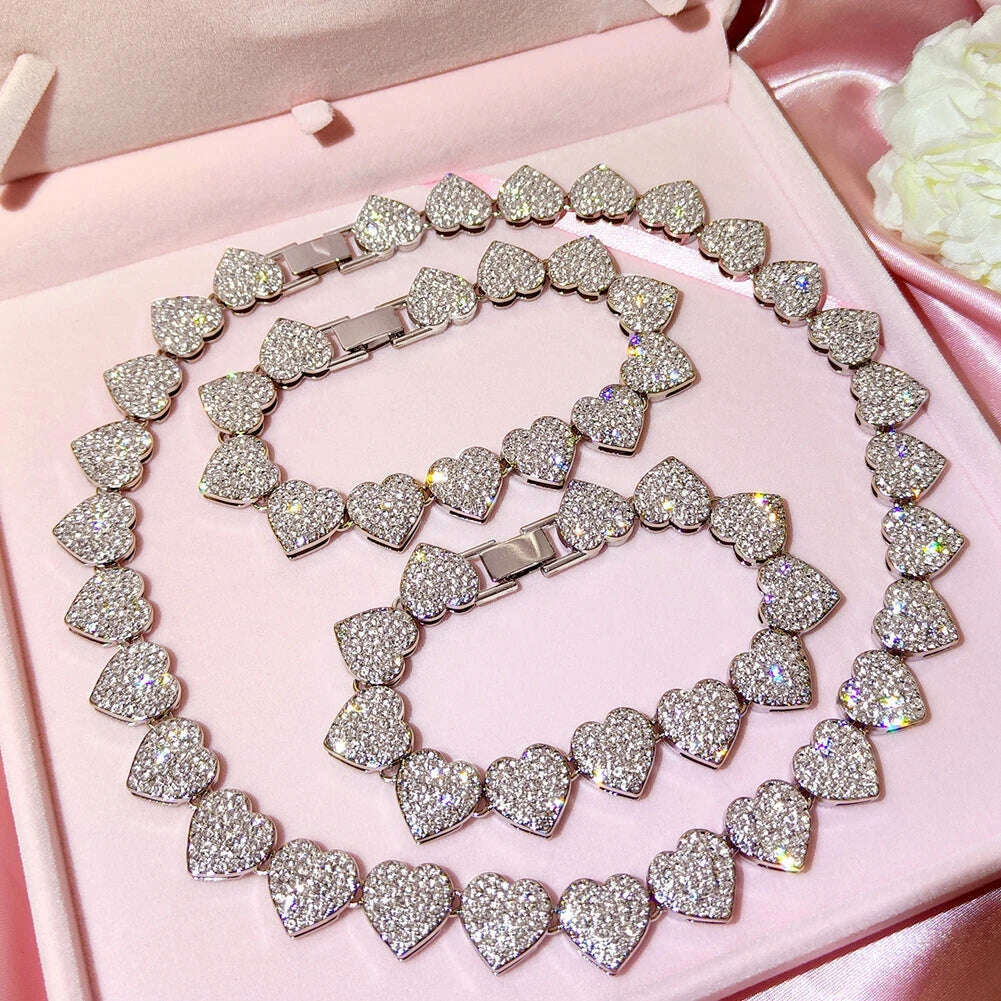 KIMLUD, Luxury Full Crystal Heart Link Chain Necklace For Women Bling Iced Out Paved Rhinestones Cuban Choker Necklace Fashion Jewelry, KIMLUD Womens Clothes