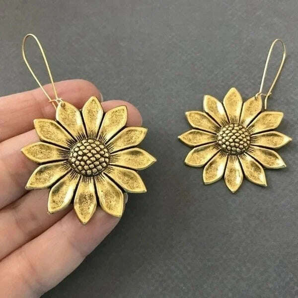 KIMLUD, Luxury Gold Color Sunflower Earrings LARGE Sunflower Bohemian Flower Inspired Statement Earrings Woodland Wedding Hippie Jewelry, Gold-color, KIMLUD APPAREL - Womens Clothes
