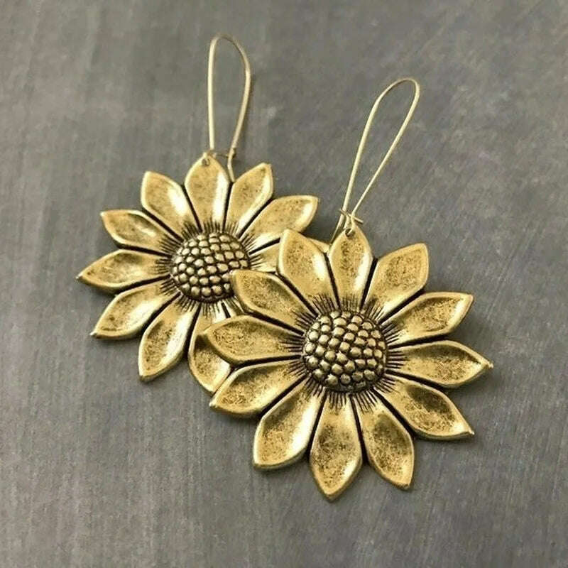 KIMLUD, Luxury Gold Color Sunflower Earrings LARGE Sunflower Bohemian Flower Inspired Statement Earrings Woodland Wedding Hippie Jewelry, KIMLUD Womens Clothes