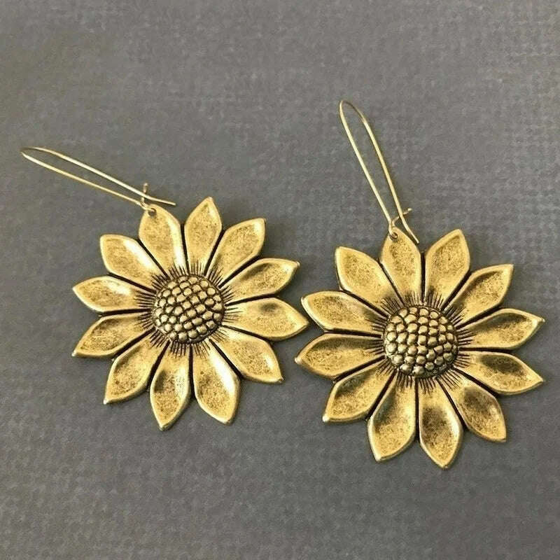 KIMLUD, Luxury Gold Color Sunflower Earrings LARGE Sunflower Bohemian Flower Inspired Statement Earrings Woodland Wedding Hippie Jewelry, KIMLUD Womens Clothes