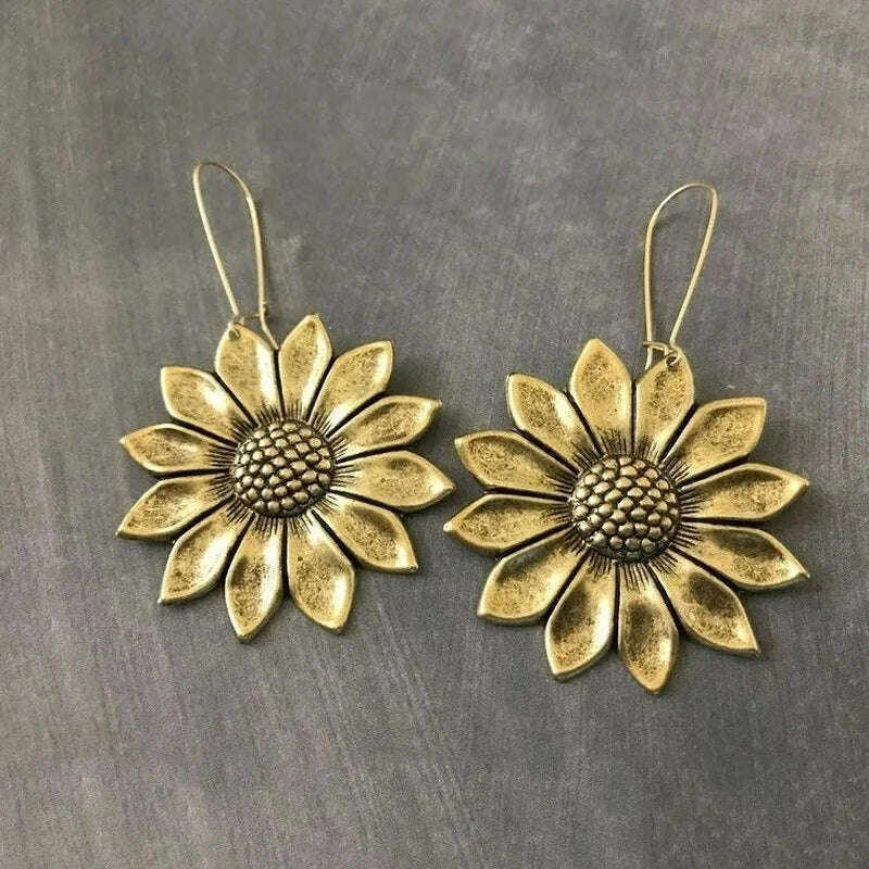 KIMLUD, Luxury Gold Color Sunflower Earrings LARGE Sunflower Bohemian Flower Inspired Statement Earrings Woodland Wedding Hippie Jewelry, KIMLUD Womens Clothes