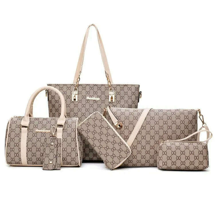 KIMLUD, Luxury Handbags Women Bags Designer High Quality Leather Bags Pattern Women's Handbag Shoulder Bag and Crossbody Bag 6 Piece Set, Beige, KIMLUD Womens Clothes