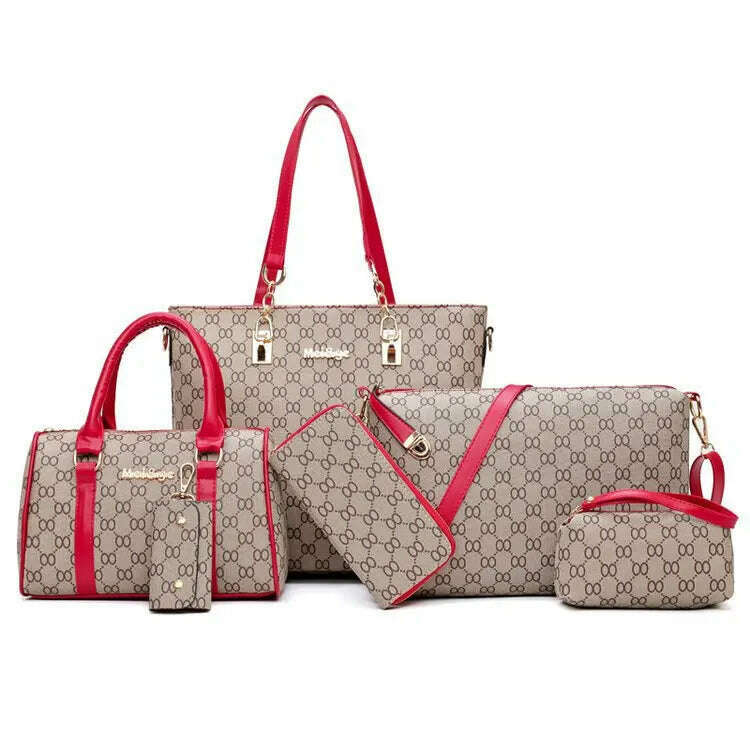 KIMLUD, Luxury Handbags Women Bags Designer High Quality Leather Bags Pattern Women's Handbag Shoulder Bag and Crossbody Bag 6 Piece Set, Red, KIMLUD Womens Clothes