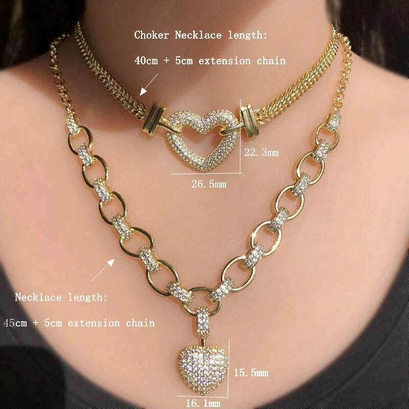 KIMLUD, Luxury Heart Shape Jewelry Sets Paved Micro Cubic Zirconia Gold Color Pendant Necklace Bracelets Bangles sets For Women Jewelry, KIMLUD Women's Clothes