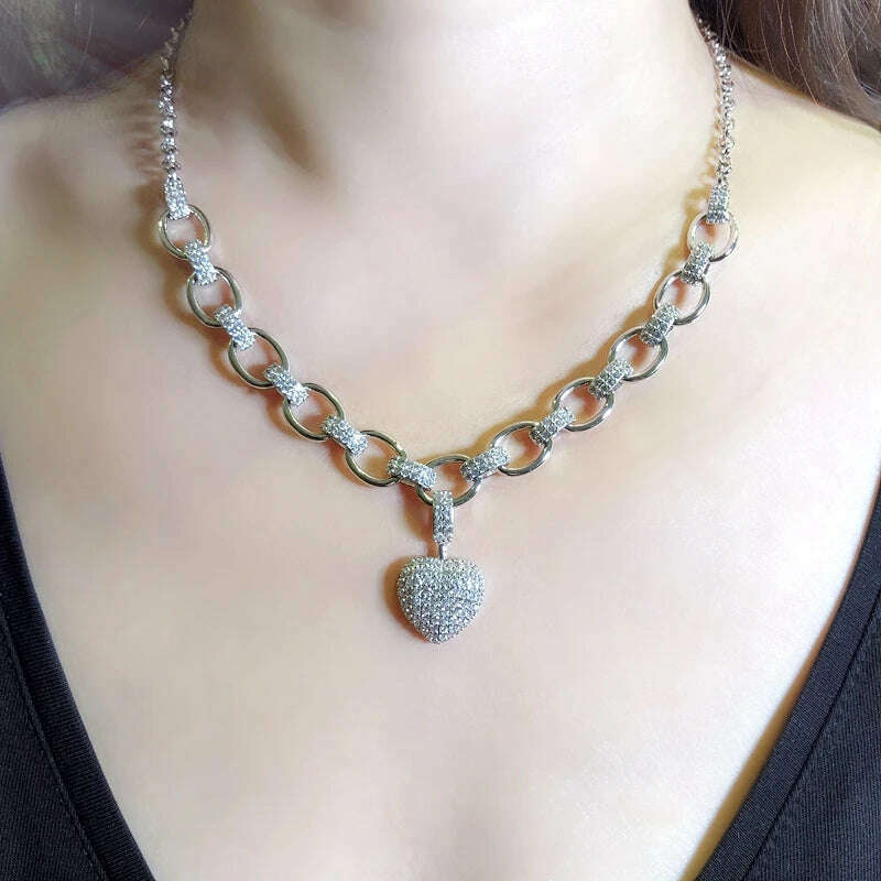 KIMLUD, Luxury Heart Shape Jewelry Sets Paved Micro Cubic Zirconia Gold Color Pendant Necklace Bracelets Bangles sets For Women Jewelry, A Platinum Necklace, KIMLUD APPAREL - Womens Clothes