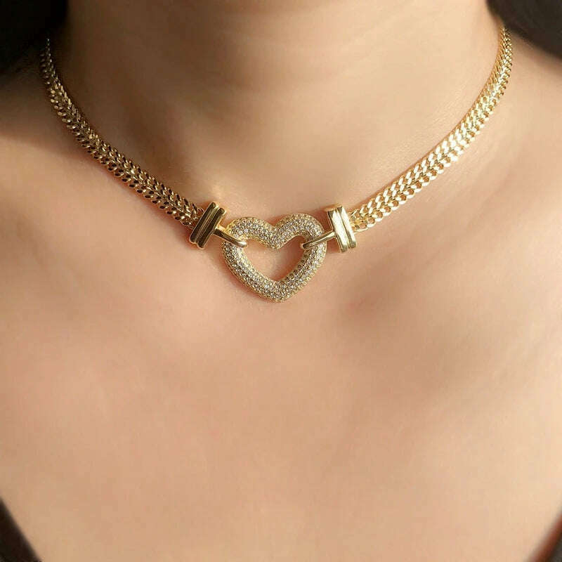 KIMLUD, Luxury Heart Shape Jewelry Sets Paved Micro Cubic Zirconia Gold Color Pendant Necklace Bracelets Bangles sets For Women Jewelry, B gold Necklace, KIMLUD APPAREL - Womens Clothes