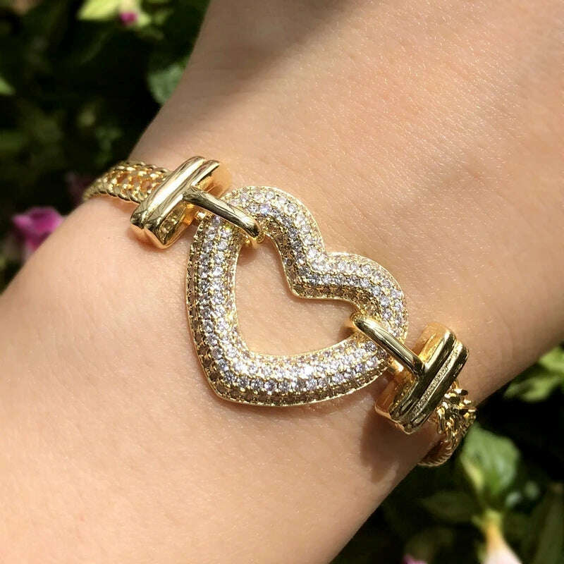 KIMLUD, Luxury Heart Shape Jewelry Sets Paved Micro Cubic Zirconia Gold Color Pendant Necklace Bracelets Bangles sets For Women Jewelry, B gold Bracelet, KIMLUD APPAREL - Womens Clothes