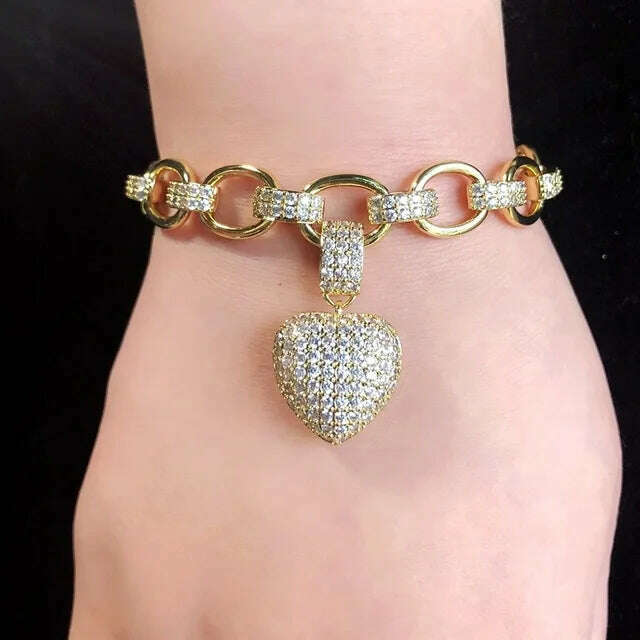 KIMLUD, Luxury Heart Shape Jewelry Sets Paved Micro Cubic Zirconia Gold Color Pendant Necklace Bracelets Bangles sets For Women Jewelry, A gold Bracelet, KIMLUD APPAREL - Womens Clothes