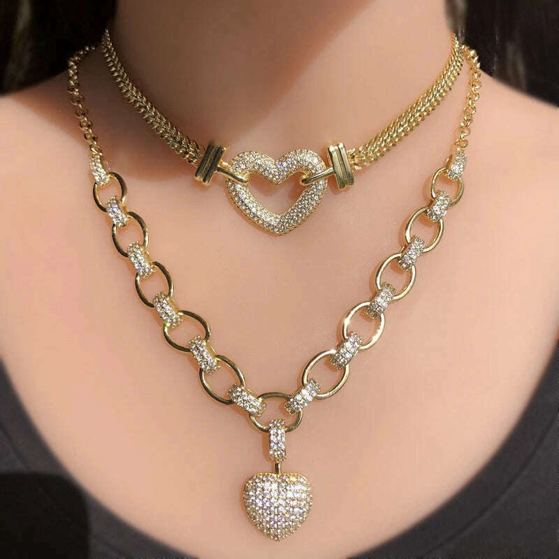 KIMLUD, Luxury Heart Shape Jewelry Sets Paved Micro Cubic Zirconia Gold Color Pendant Necklace Bracelets Bangles sets For Women Jewelry, AB G Necklace Sets, KIMLUD Women's Clothes